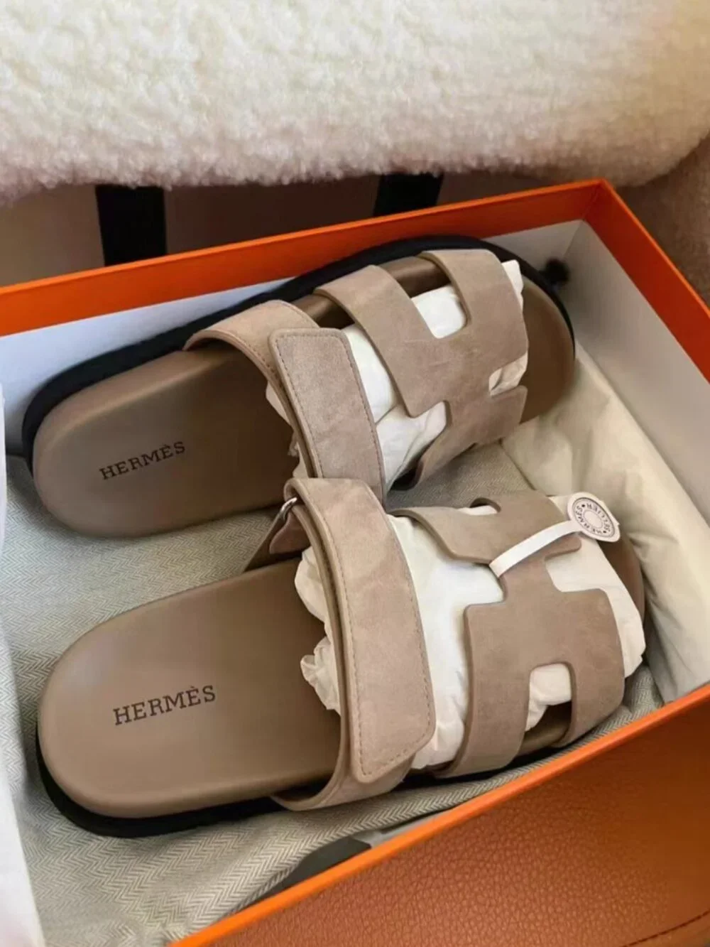 Hermès Chypre Suede Thick‑Cushion Velcro Slides